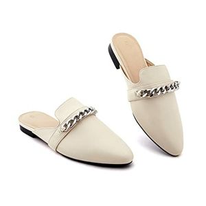 🆕️Coutgo Mules Women Flats Slip On Closed Pointed Toe Loafers Backless Cream